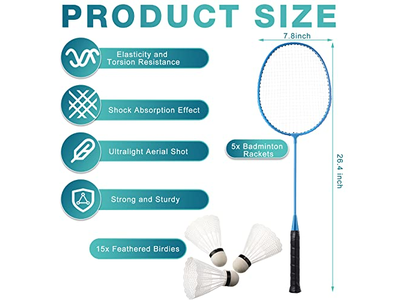  10 Packs Badminton Rackets Set with 15 Shuttlecocks